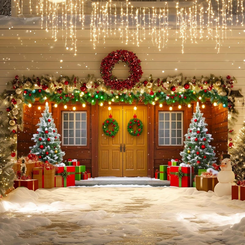 IVN Christmas Garage Door Banner 6x13 ft Winter House Scene with Snow Trees and Gifts Backdrop Decorative Holiday Christmas Garage Door Cover Mural Seasonal Scene Decor - Image 2